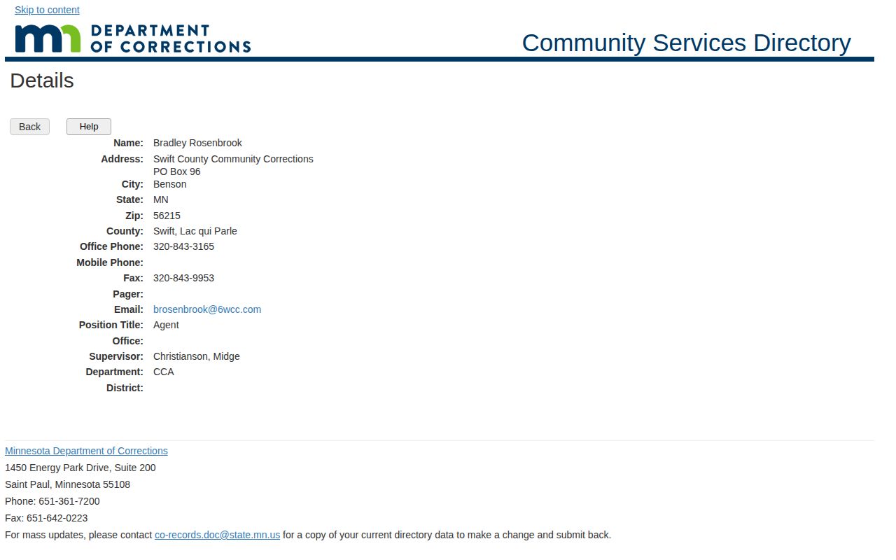 Swift County Community Corrections supervision directory record