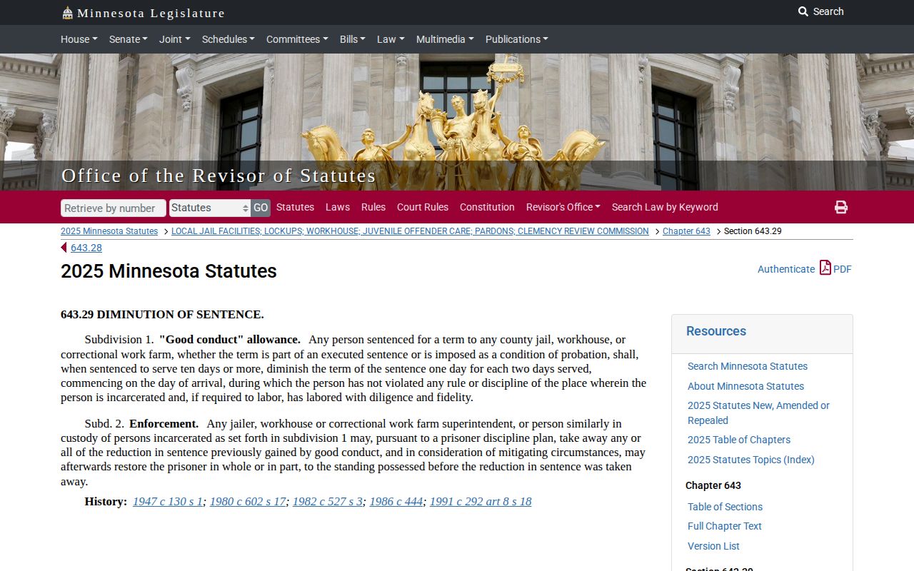 Minnesota county-jail good-time statute for a Swift County release date
